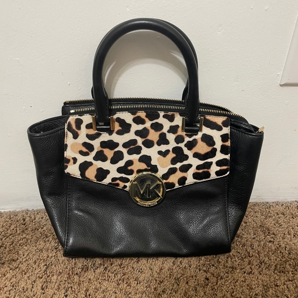 Michael Kors Black Leopard Trim Satchel Handbag Gold MK Logo